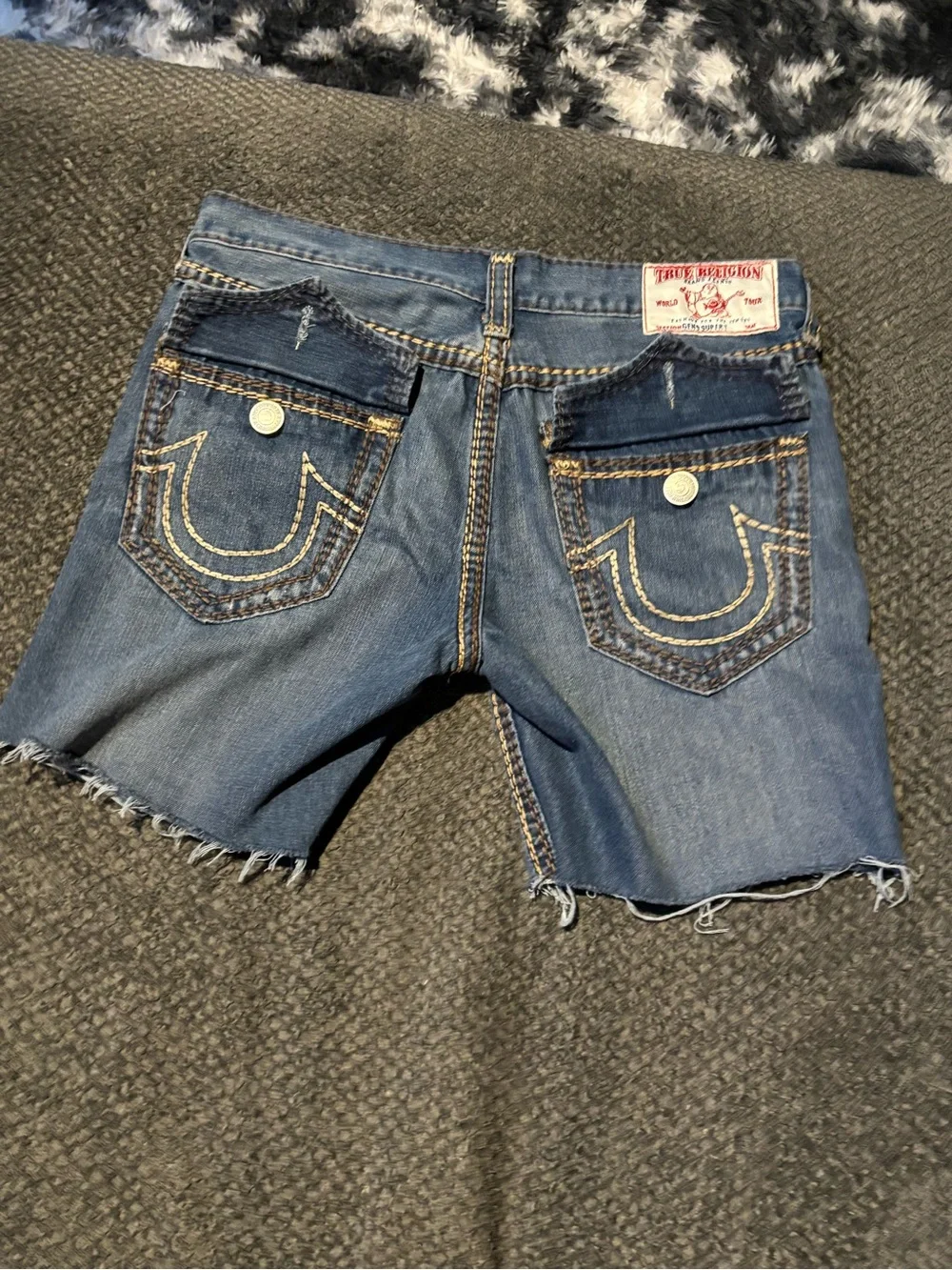 True Religion Blue Denim Frayed Hem unisex Shorts
